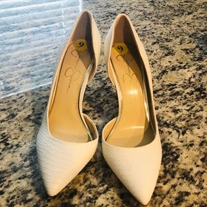 Jessica Simpson white faux snake pointed toe pumps